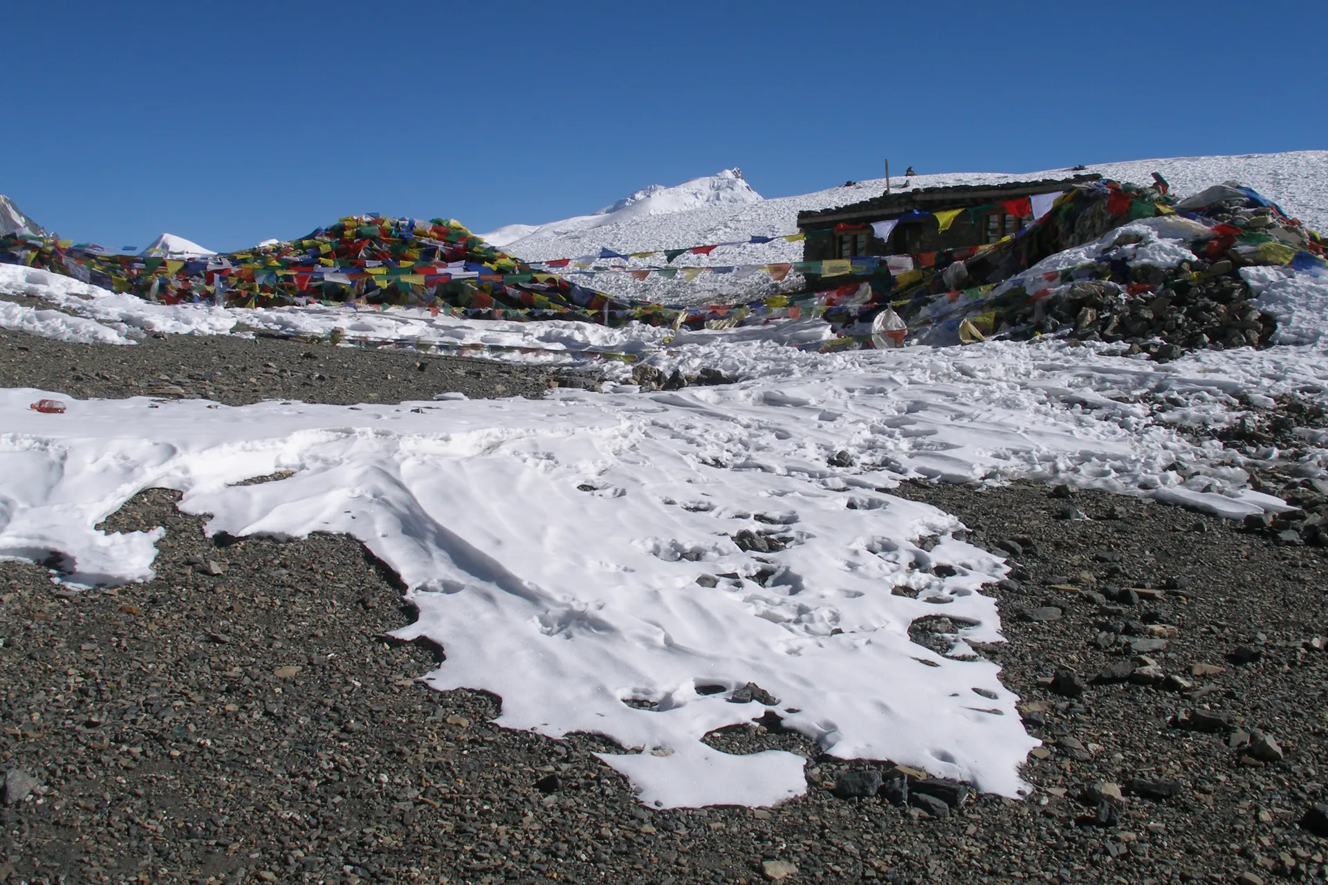 Prayer-flagged cairns atop the Thorong La at 5,416 metres, Annapurna Circuit